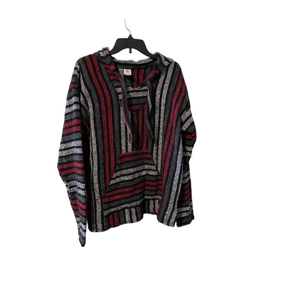 Delmex Large Baja Hoodie Poncho Sweatshirt Striped Pattern Black Red & White #C- - Picture 1 of 6